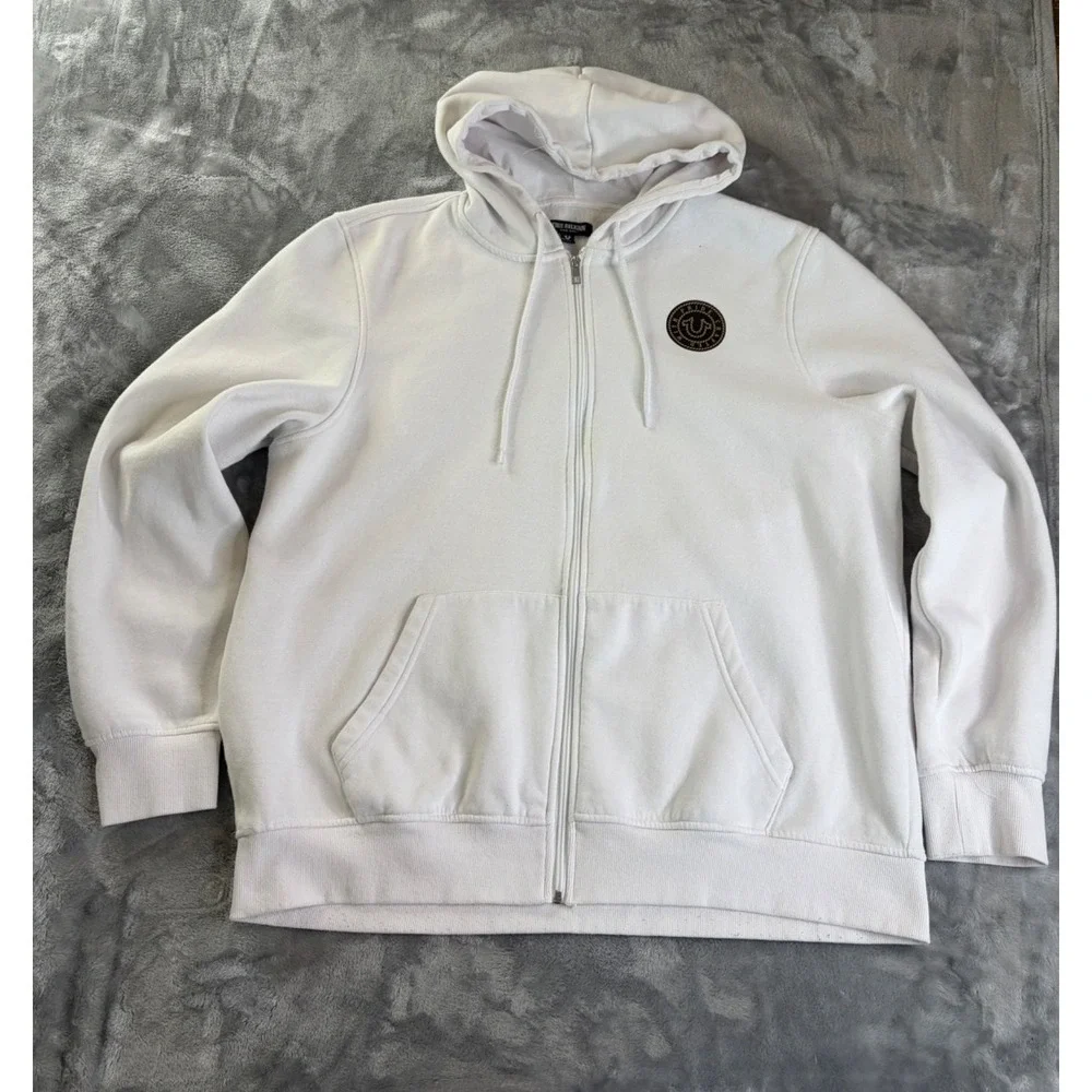 True Religion Brand Jeans Hoodie Mens 3XL White Full Zip Long Sleeve